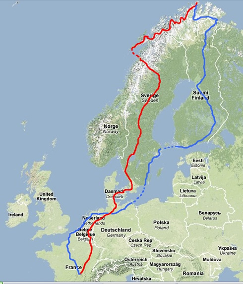 carte du voyage au cap Nord 2009